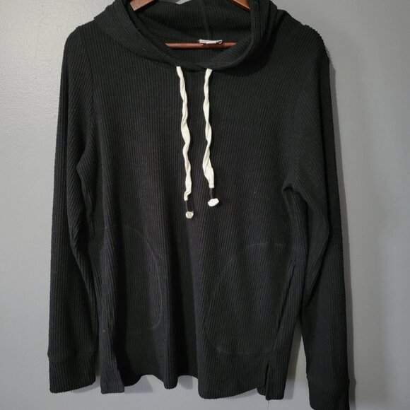 Anthropologie Postmark Black Ribbed Rosalie Hoodie Pullover Top - Picture 2 of 6